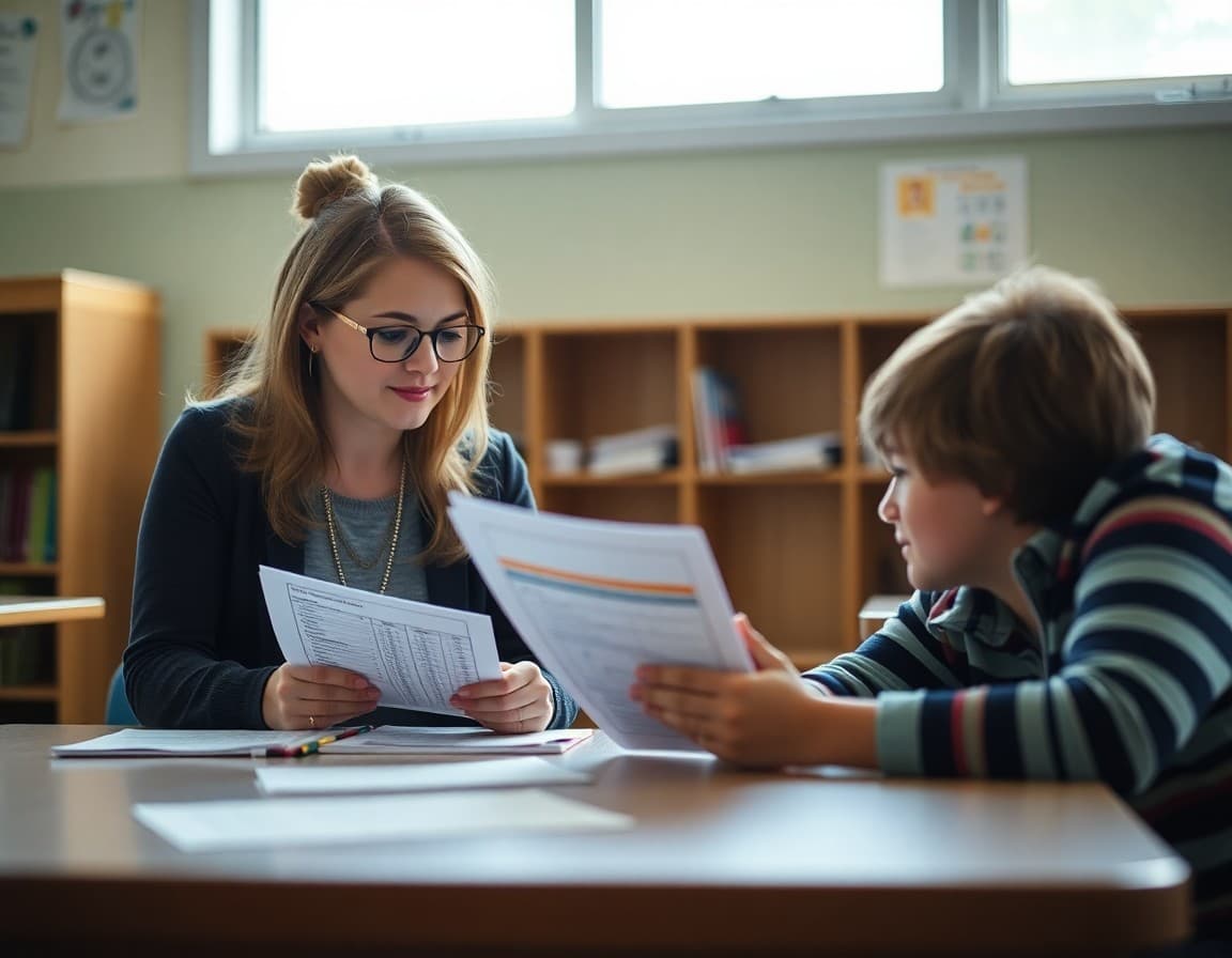 Alabama special education teacher reviewing student progress materials with a parent at a table