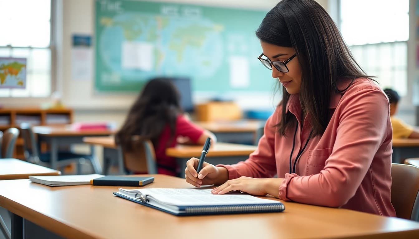 Special education teacher in Alabama writing an IEP family newsletter at a classroom desk