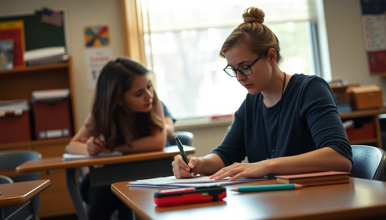 Special education teacher in Arkansas writing an IEP family newsletter at a school desk