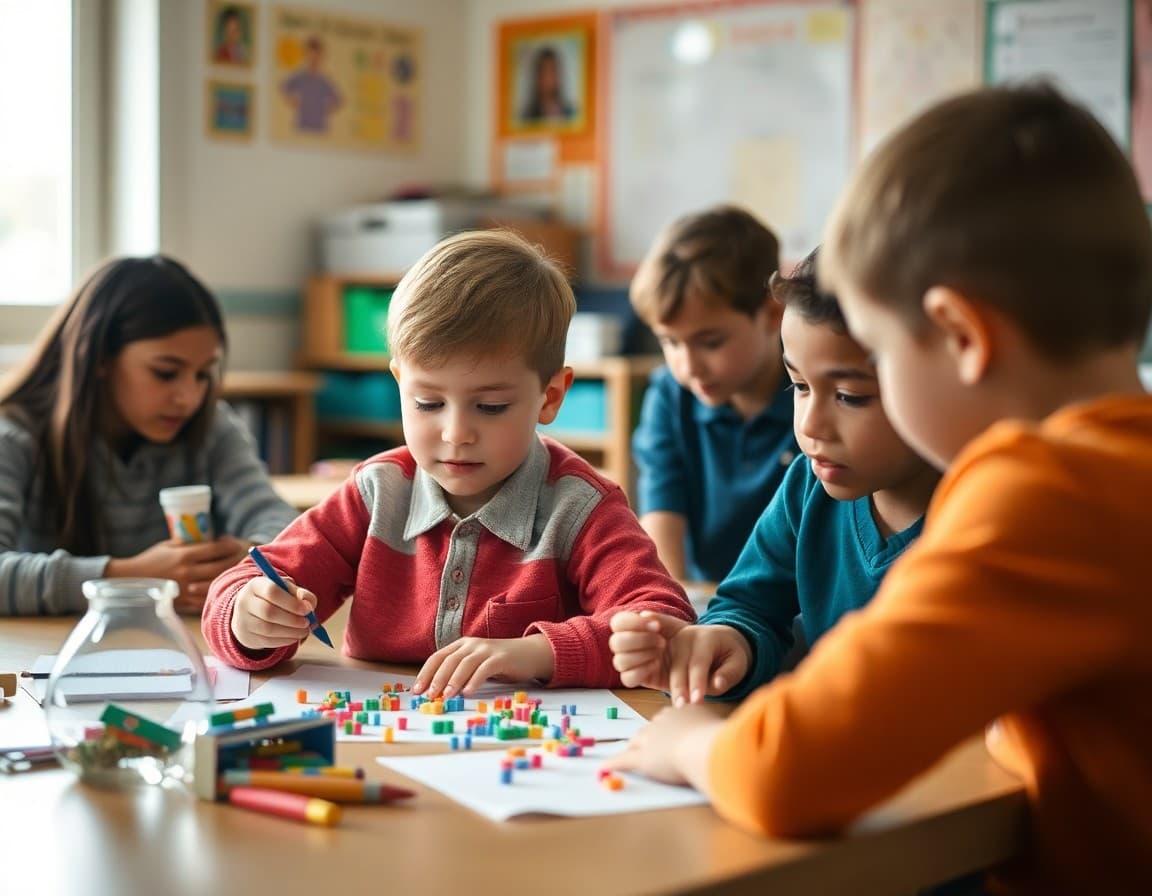 Child with autism working alongside peers in an inclusive classroom during a collaborative project
