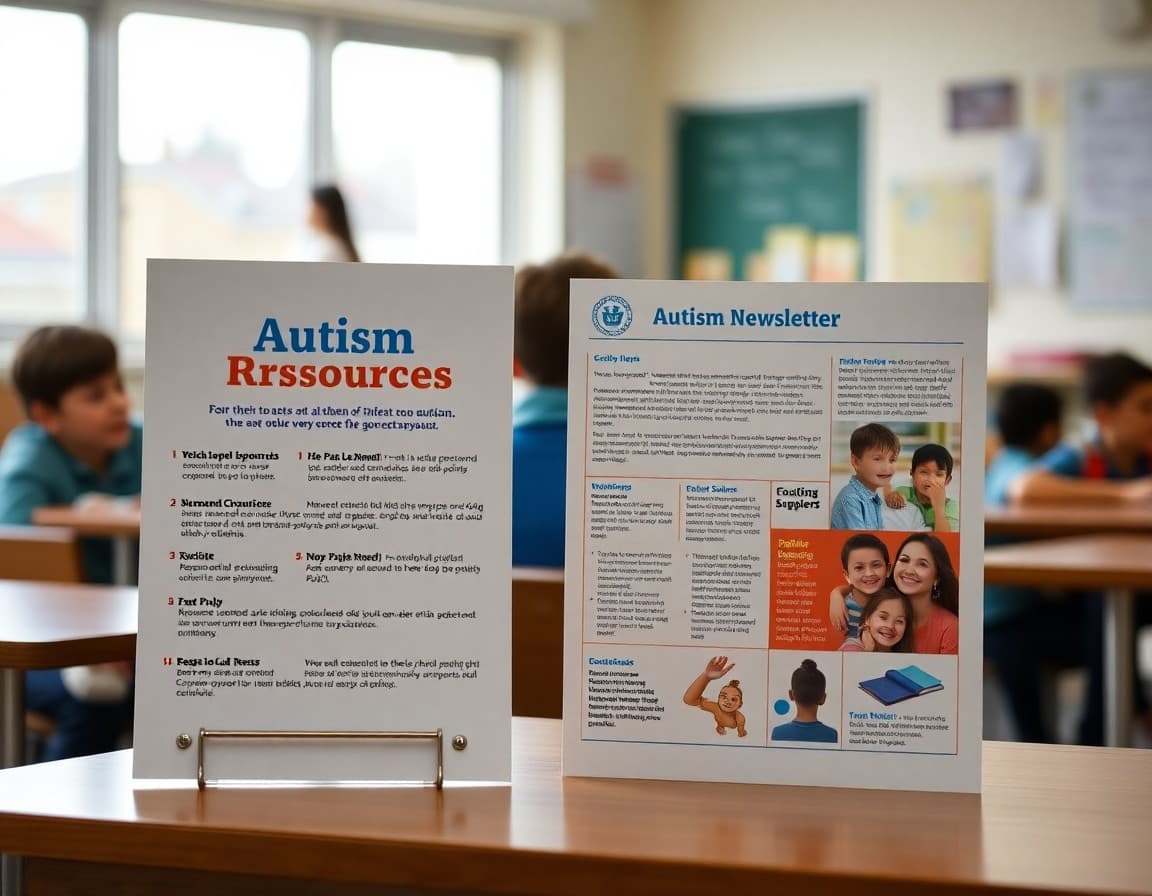 Autism support resources guide displayed next to school newsletter for families of autistic students