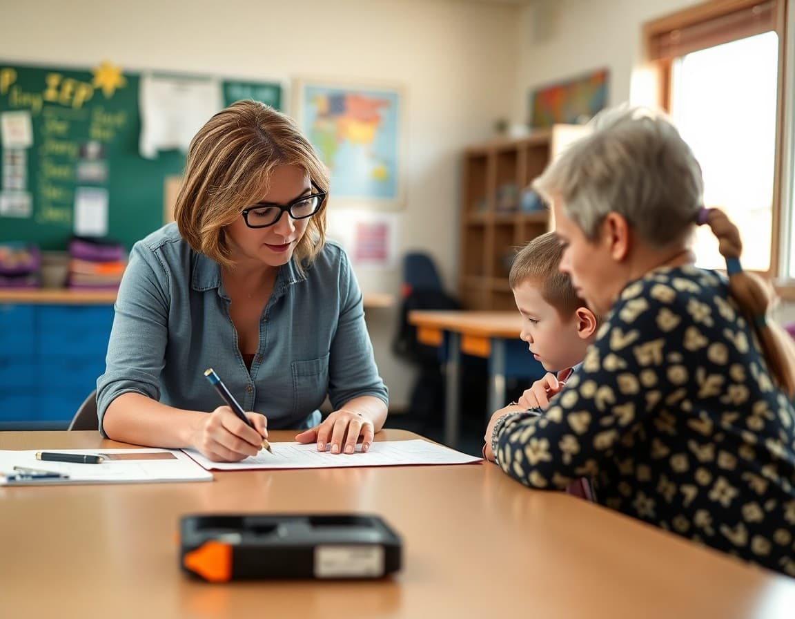 Arizona special education teacher reviewing student IEP progress with a parent at a table