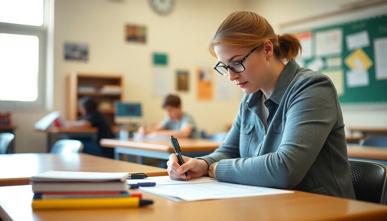 Special education teacher in Arizona writing an IEP family newsletter at a classroom desk
