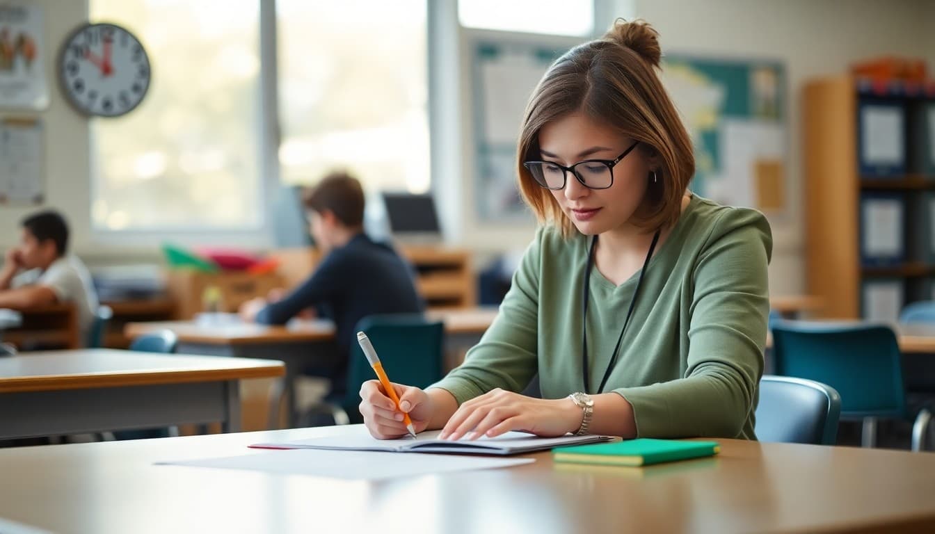 Special education teacher in California writing an IEP family newsletter at a classroom desk