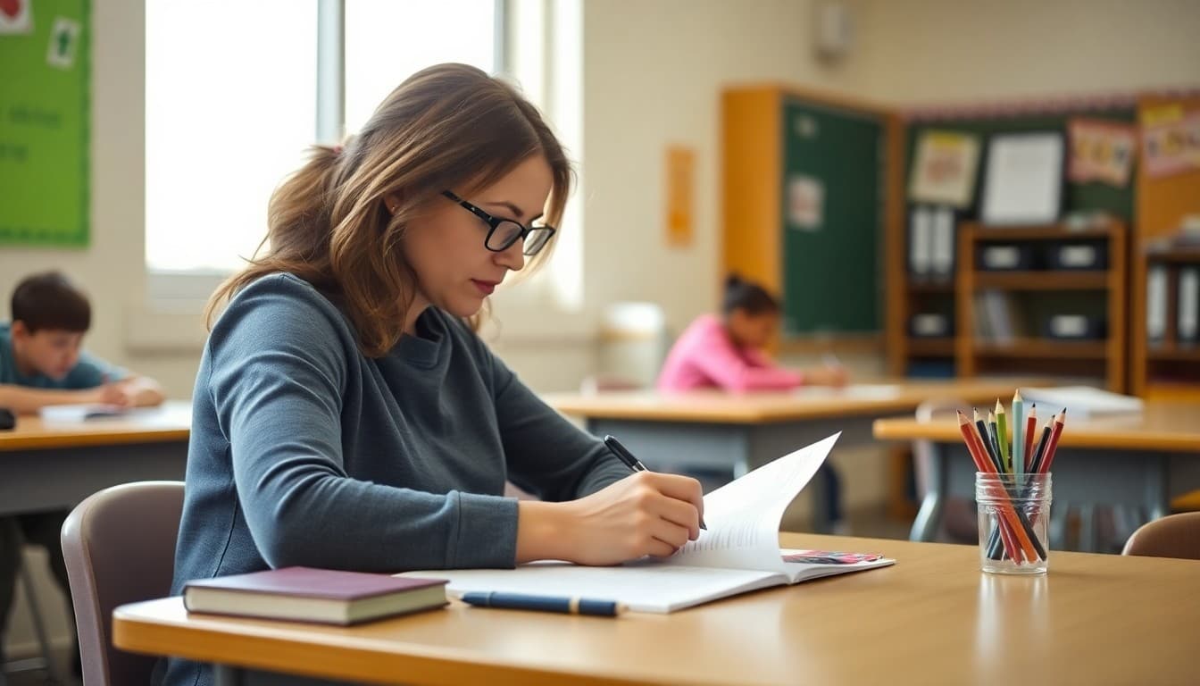 Special education teacher in Colorado writing an IEP family newsletter at a school desk
