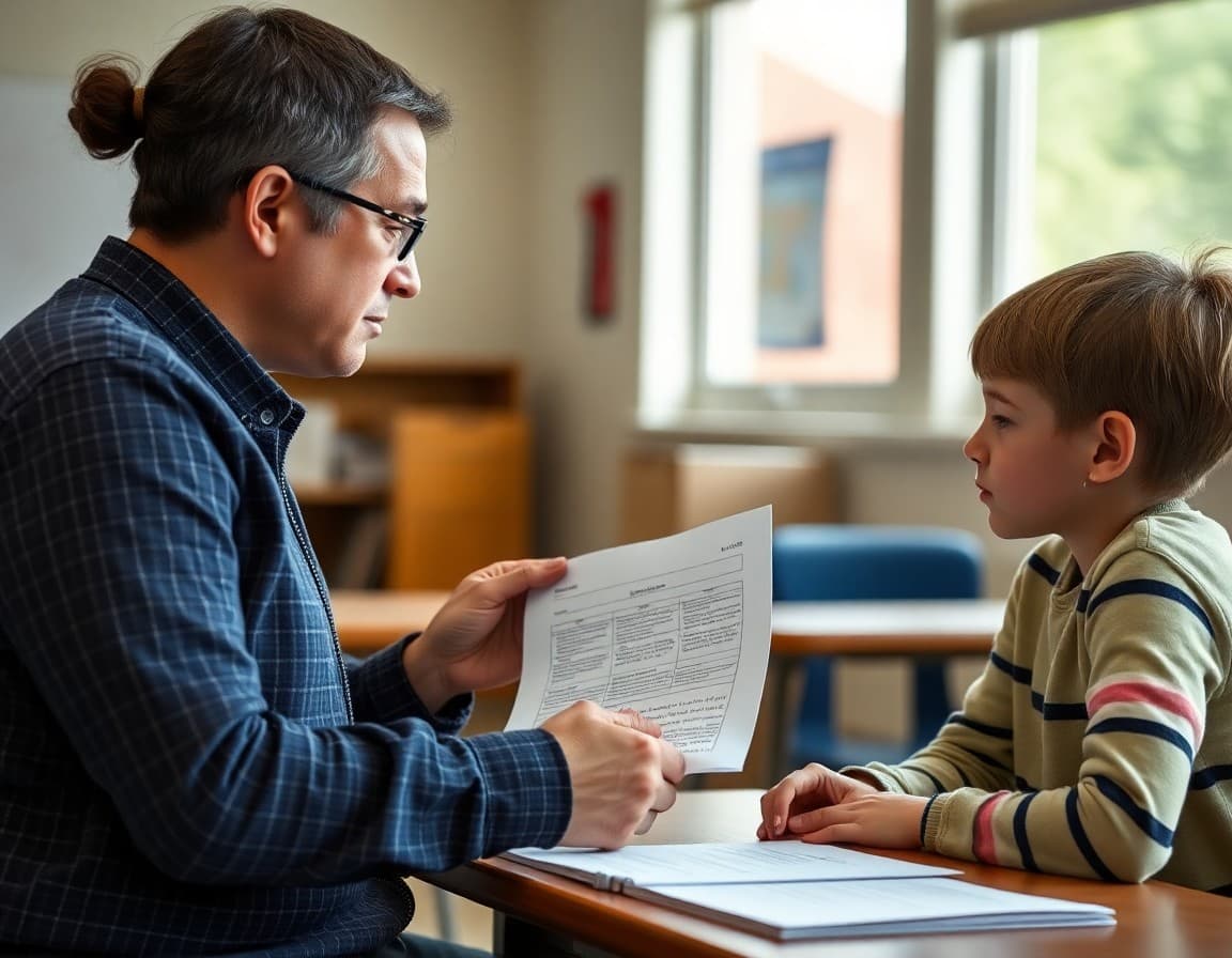 Connecticut special education teacher reviewing IEP documentation with a parent at a PPT meeting