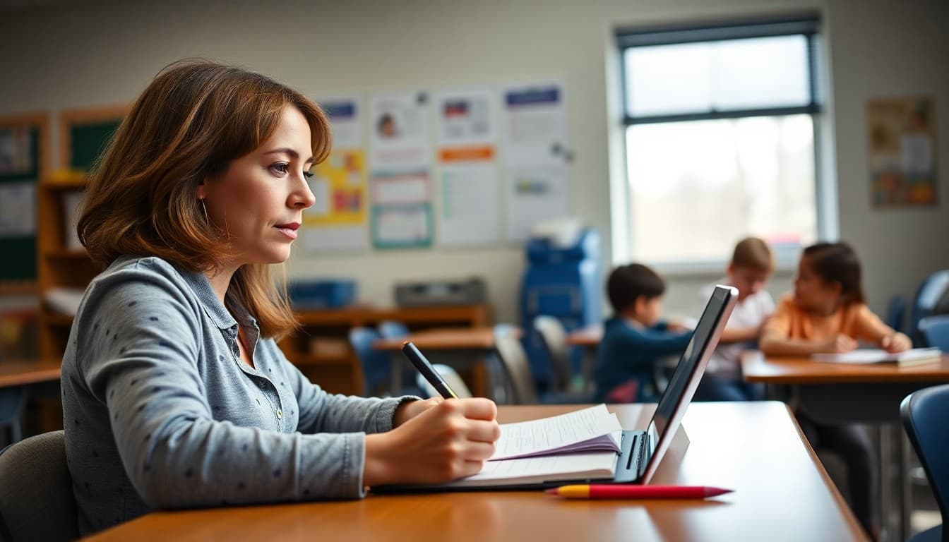 Special education teacher in Connecticut writing a PPT family newsletter at a classroom desk