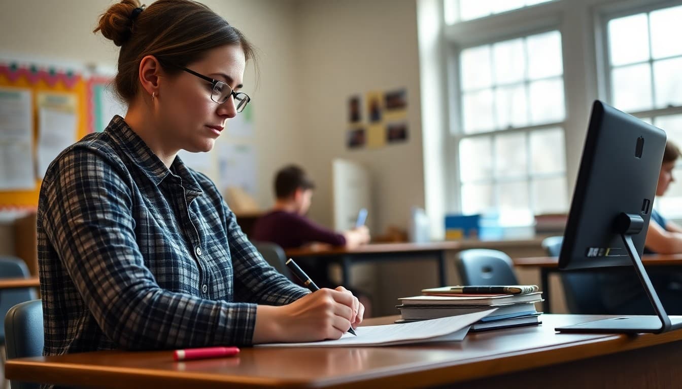 Special education teacher in Delaware writing an IEP family newsletter at a school desk