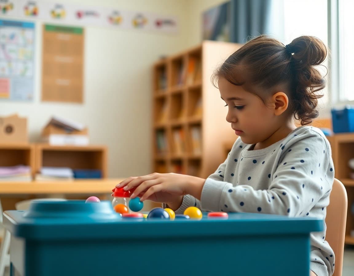 Occupational therapist and student using sensory tools together in a calm classroom space