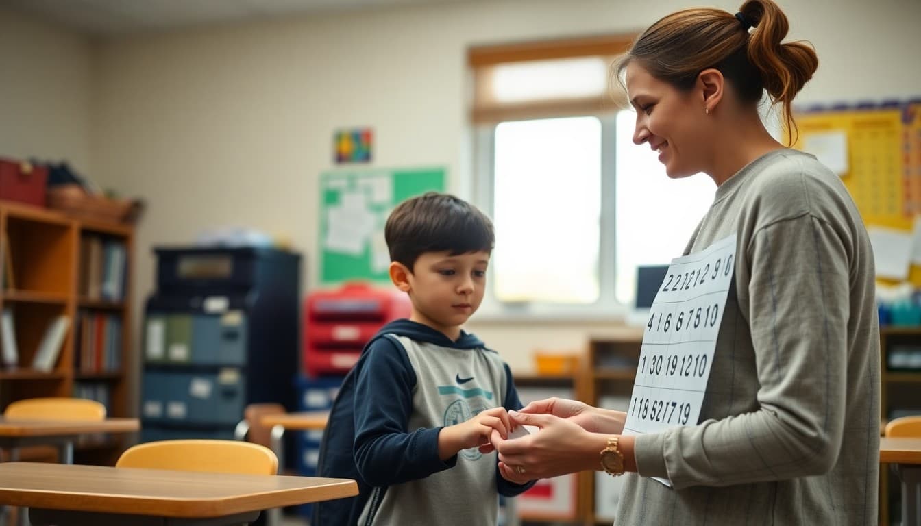 Special education teacher reviewing a visual countdown calendar with a student in a resource room