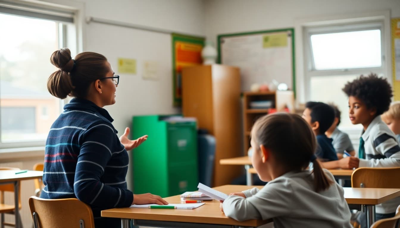 Teacher running disability awareness lesson in inclusive classroom with diverse learners participating