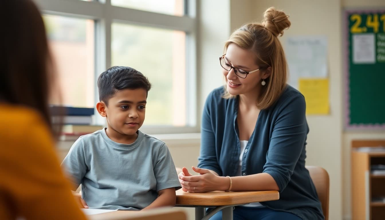 School counselor supporting student with emotional regulation challenges in calm school environment
