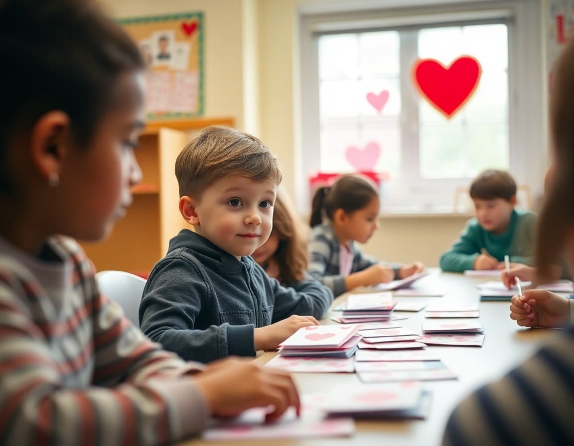 Student with a communication device participating in a Valentine's Day card exchange with classmates