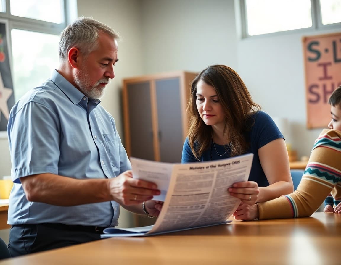 Florida ESE teacher reviewing newsletter with parent in school meeting room