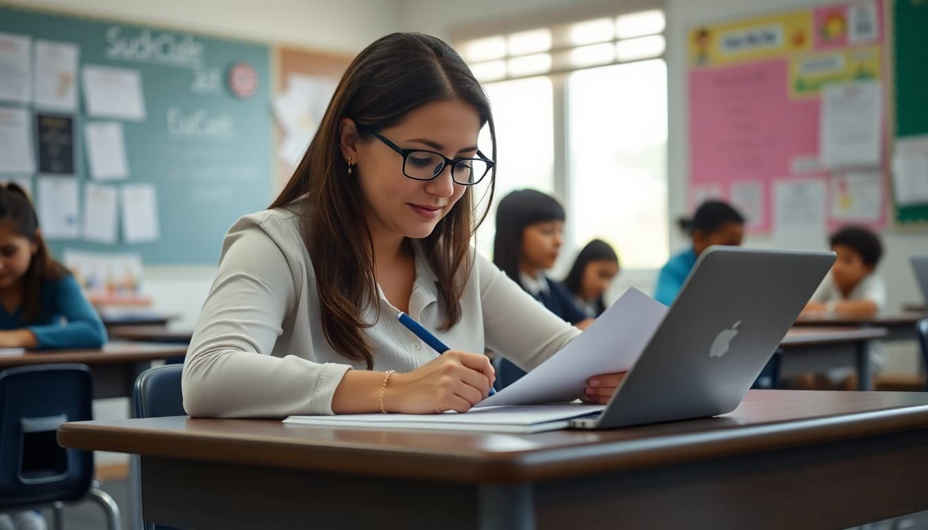 Special education teacher in Florida writing IEP family newsletter at school desk
