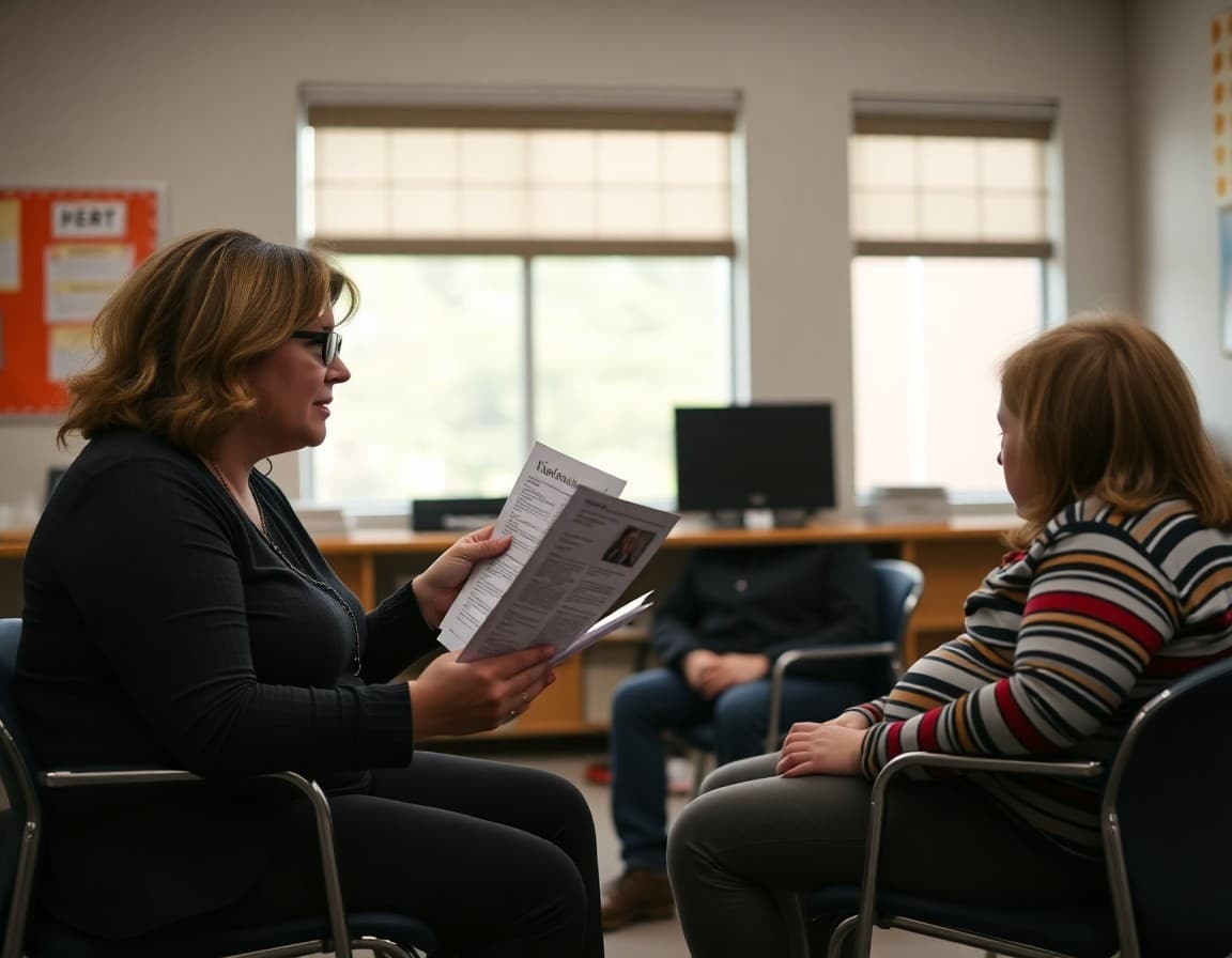 Georgia special education teacher reviewing newsletter draft with parent in conference room