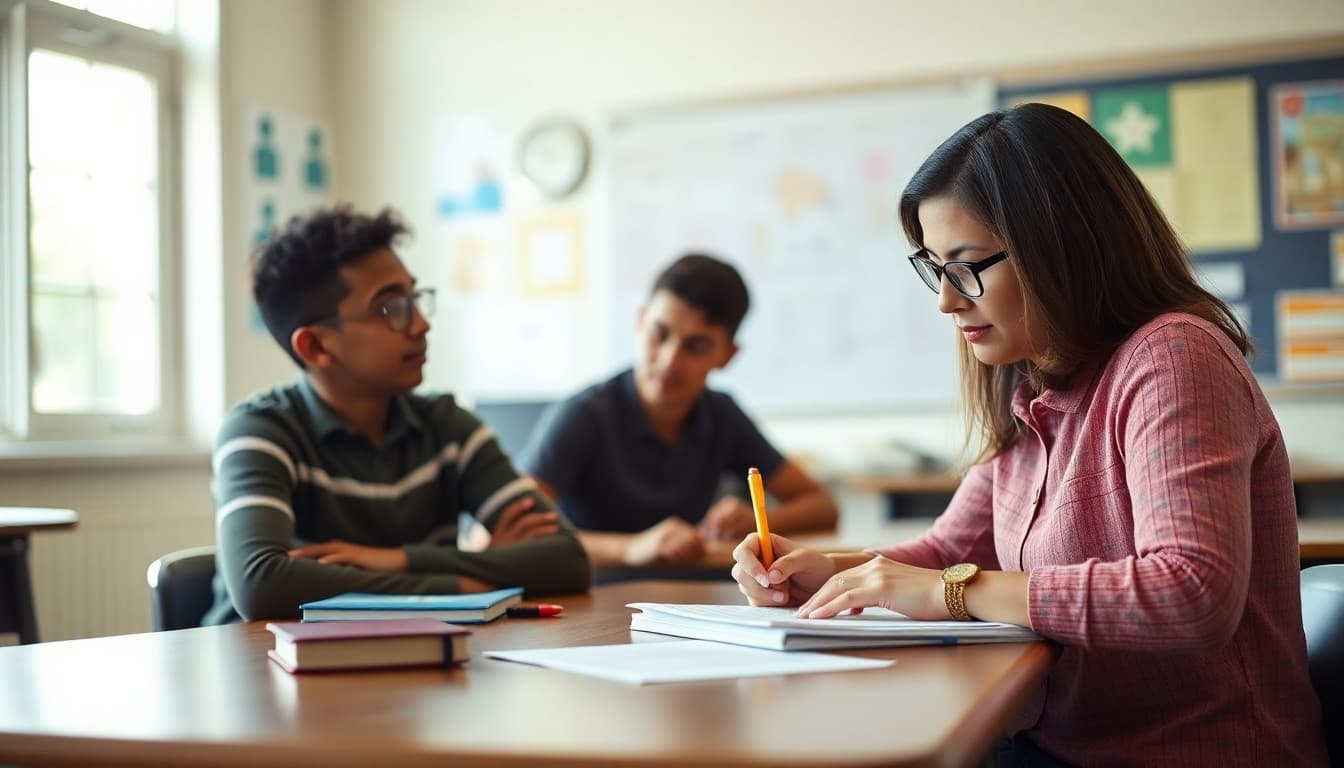 Georgia special education teacher writing IEP family newsletter at school desk