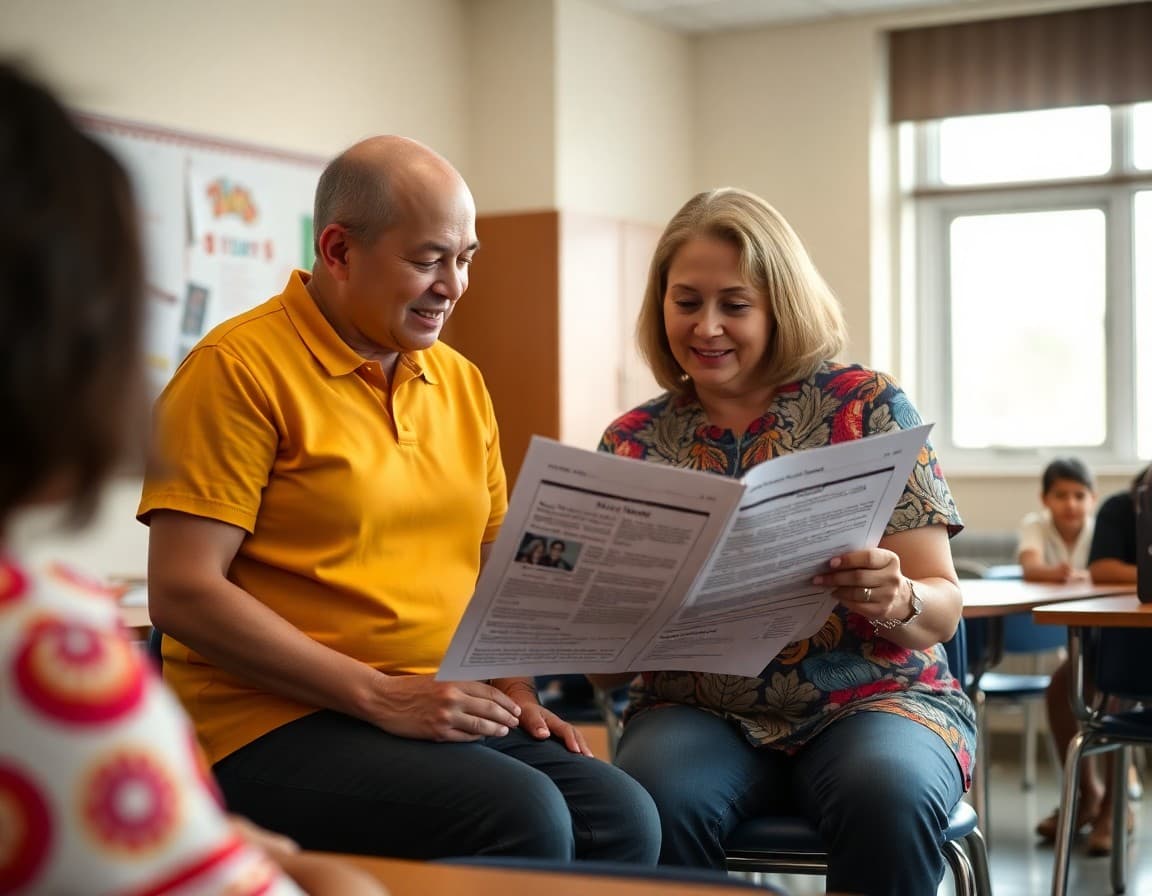 Hawaii special education teacher reviewing newsletter with parent in school meeting room