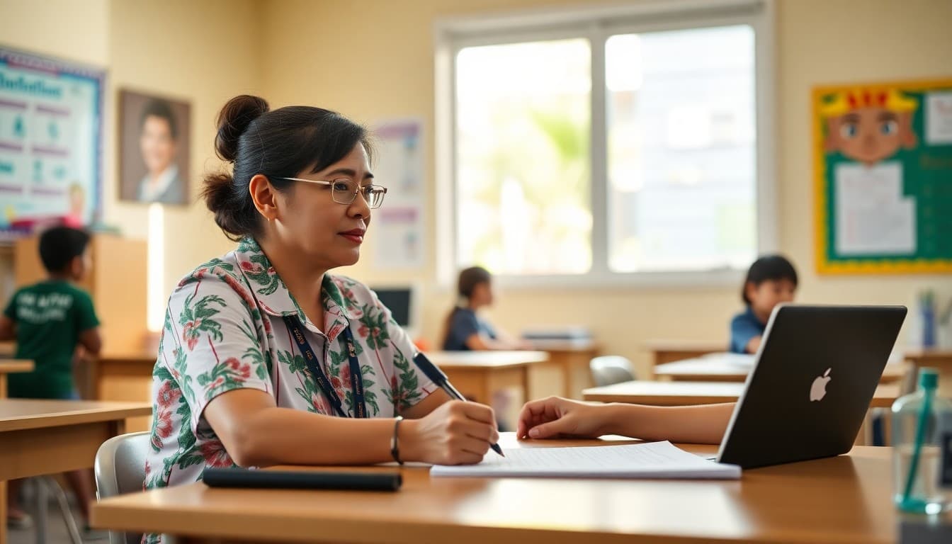 Hawaii special education teacher writing IEP family newsletter at school desk on island campus