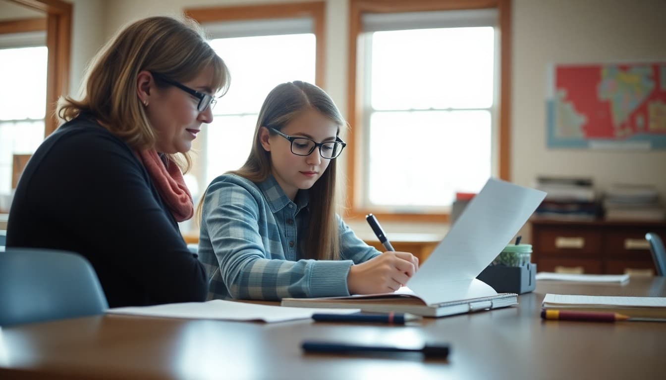 Iowa special education teacher writing IEP family newsletter at school desk in rural Midwest school
