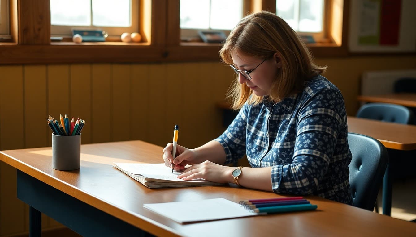 Idaho special education teacher writing IEP family newsletter at school desk in rural district