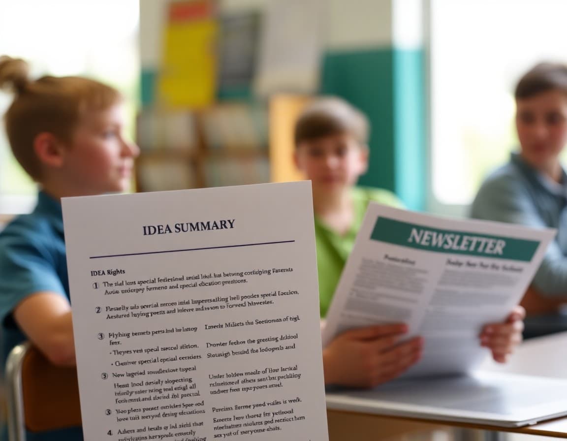 IDEA rights summary document next to newsletter helping parents understand special education protections