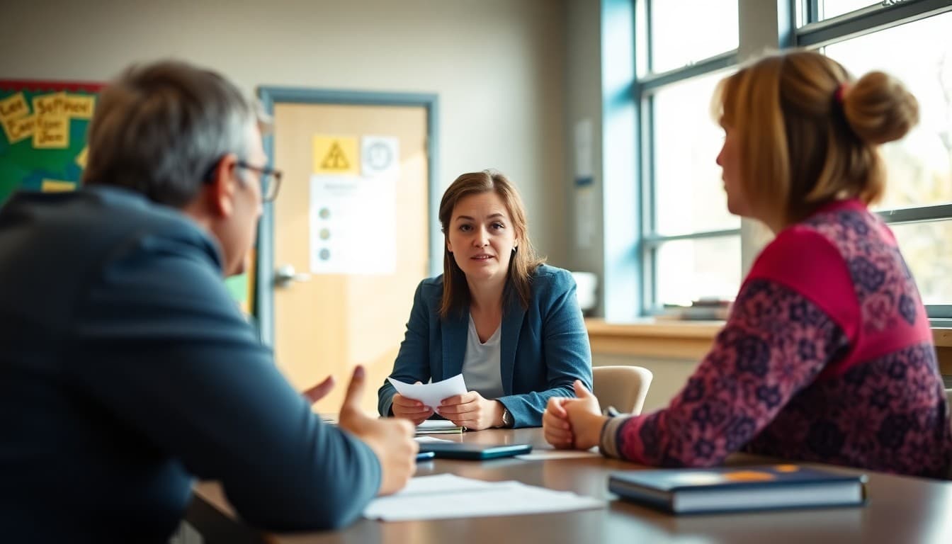Special education advocate explaining IDEA rights and protections to parents at school meeting table