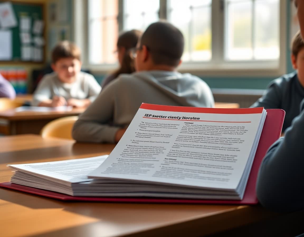 IEP binder open next to newsletter communication explaining goal progress and meeting information