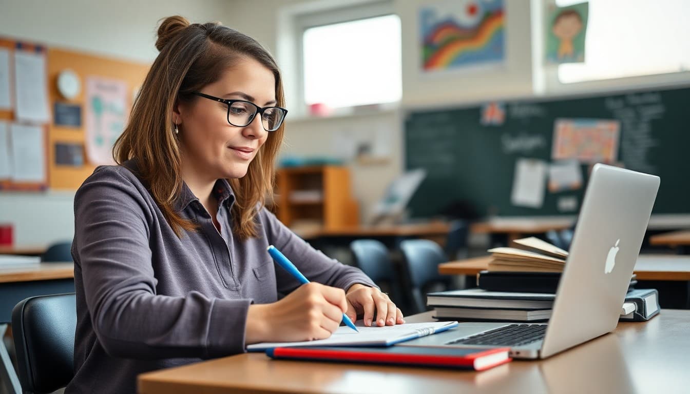 Illinois special education teacher writing IEP family newsletter at desk in Chicago school