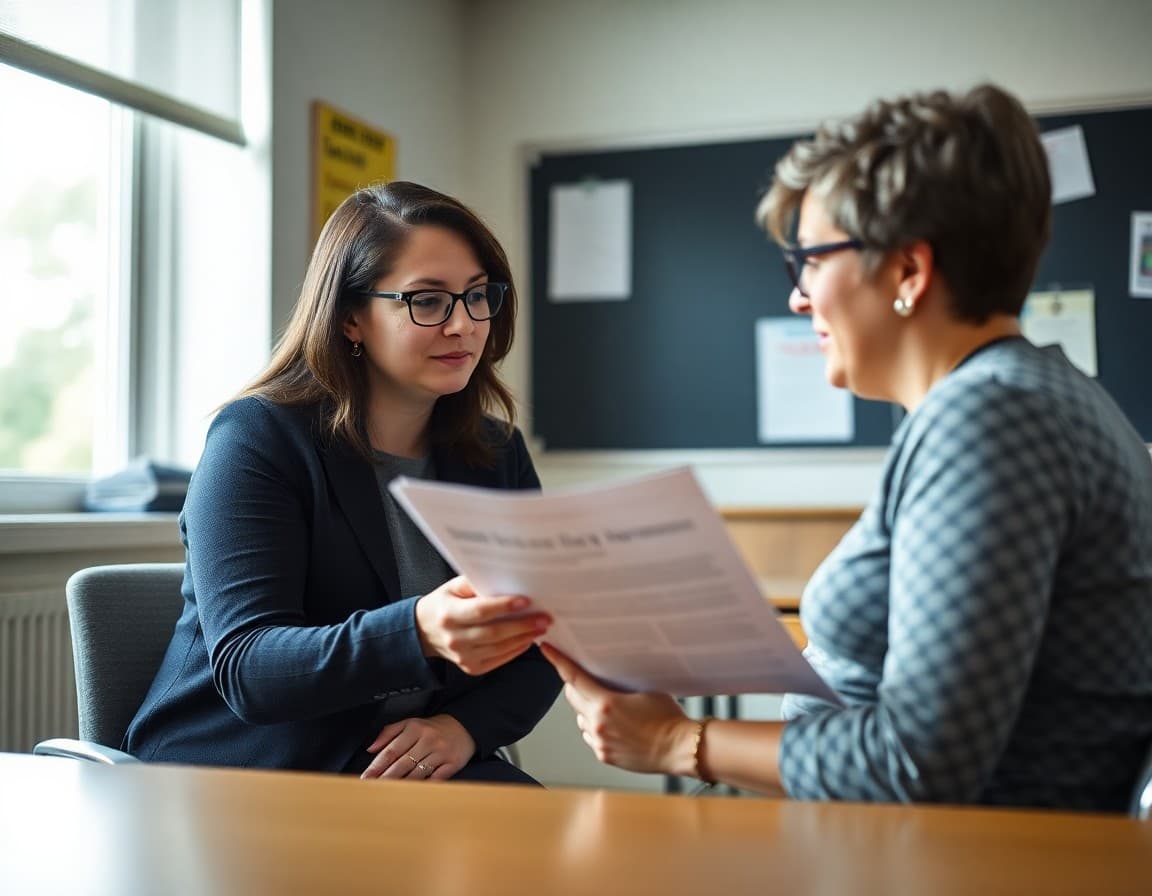 Indiana special education teacher reviewing newsletter with parent in school conference room