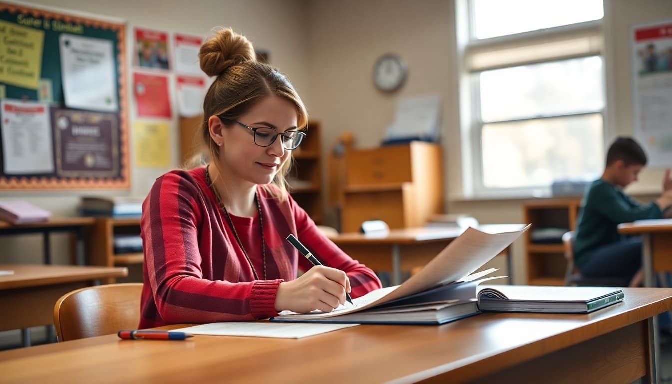Indiana special education teacher writing IEP family newsletter at school desk in Midwest school