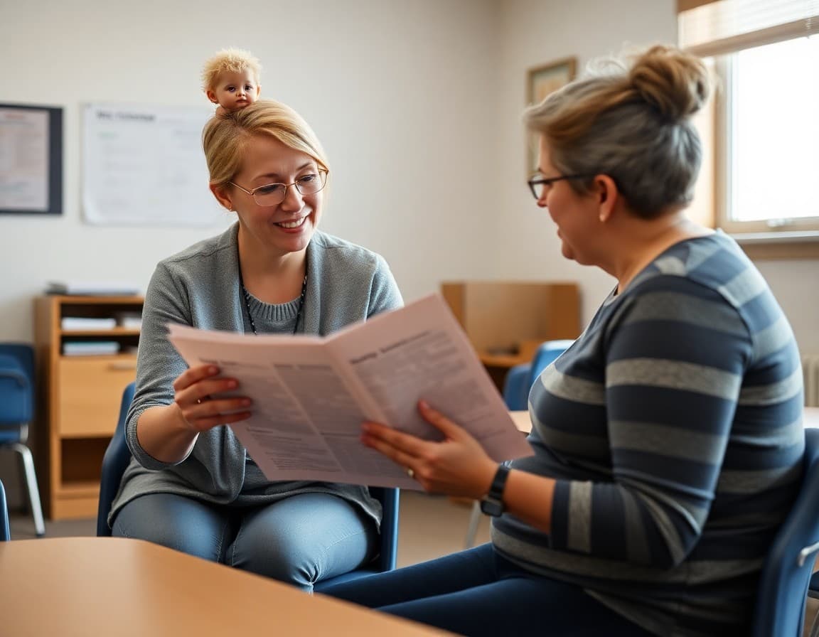 Kansas special education teacher reviewing newsletter with parent in school conference room