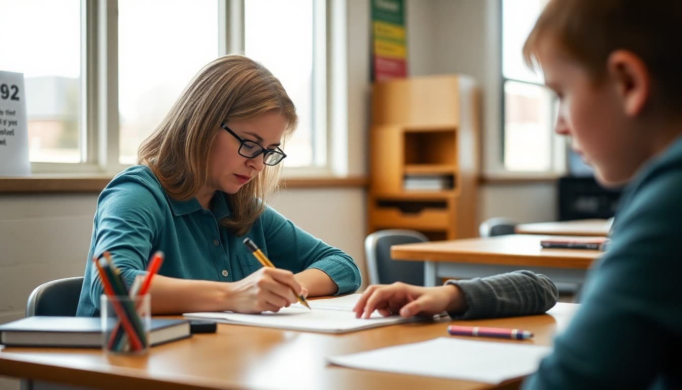 Kansas special education teacher writing IEP family newsletter at school desk in Midwest district