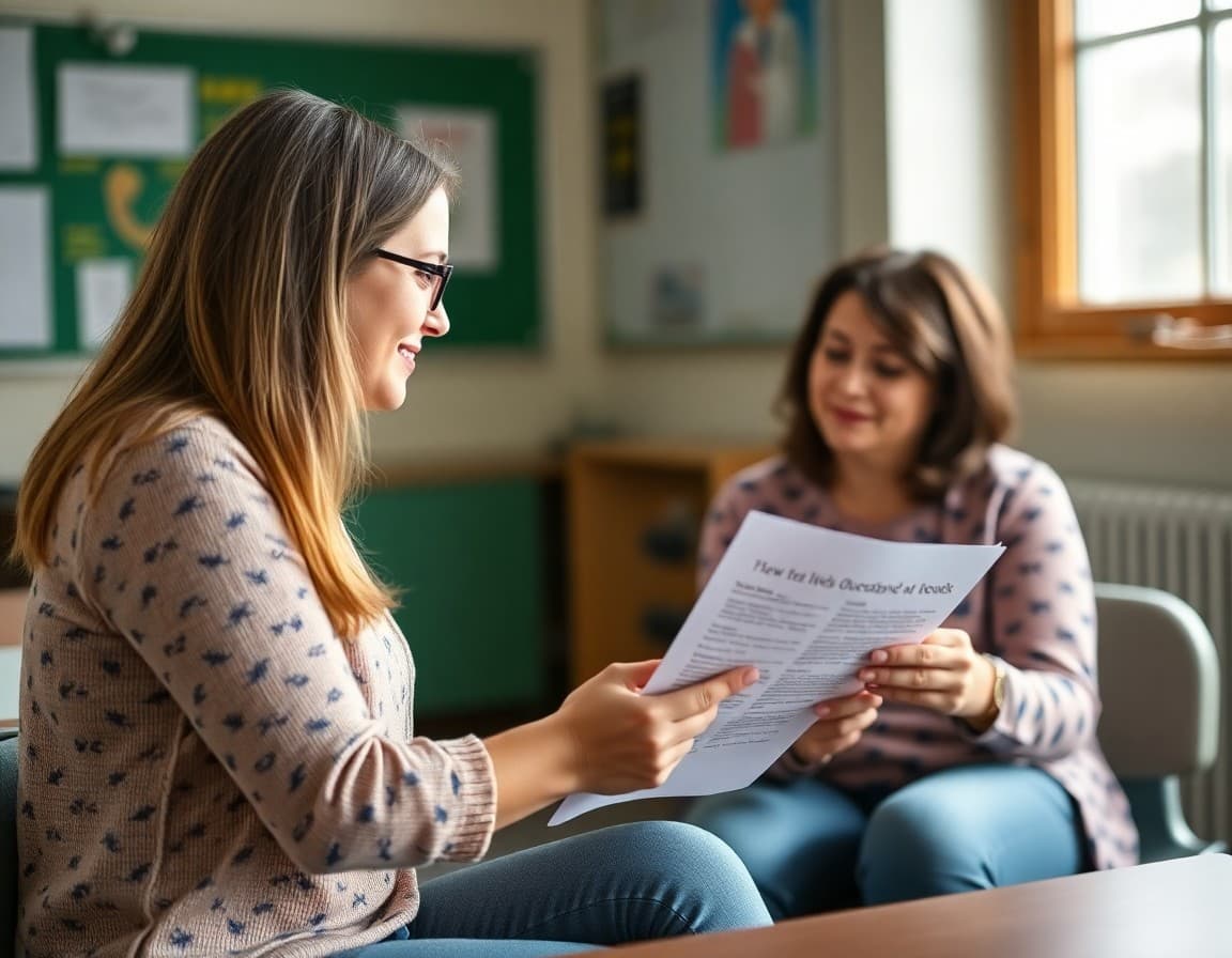 Kentucky special education teacher reviewing newsletter with parent in school conference room