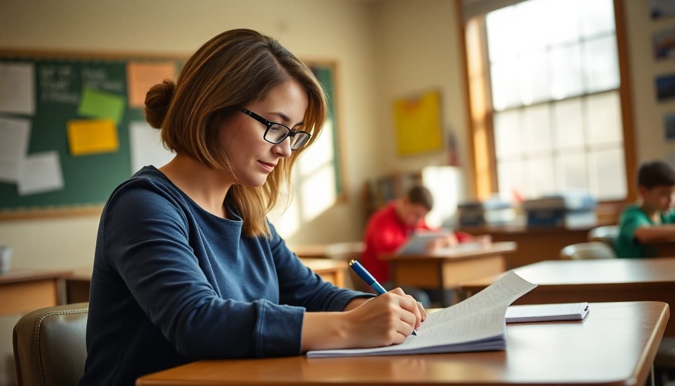 Kentucky special education teacher writing IEP family newsletter at school desk in Appalachian district