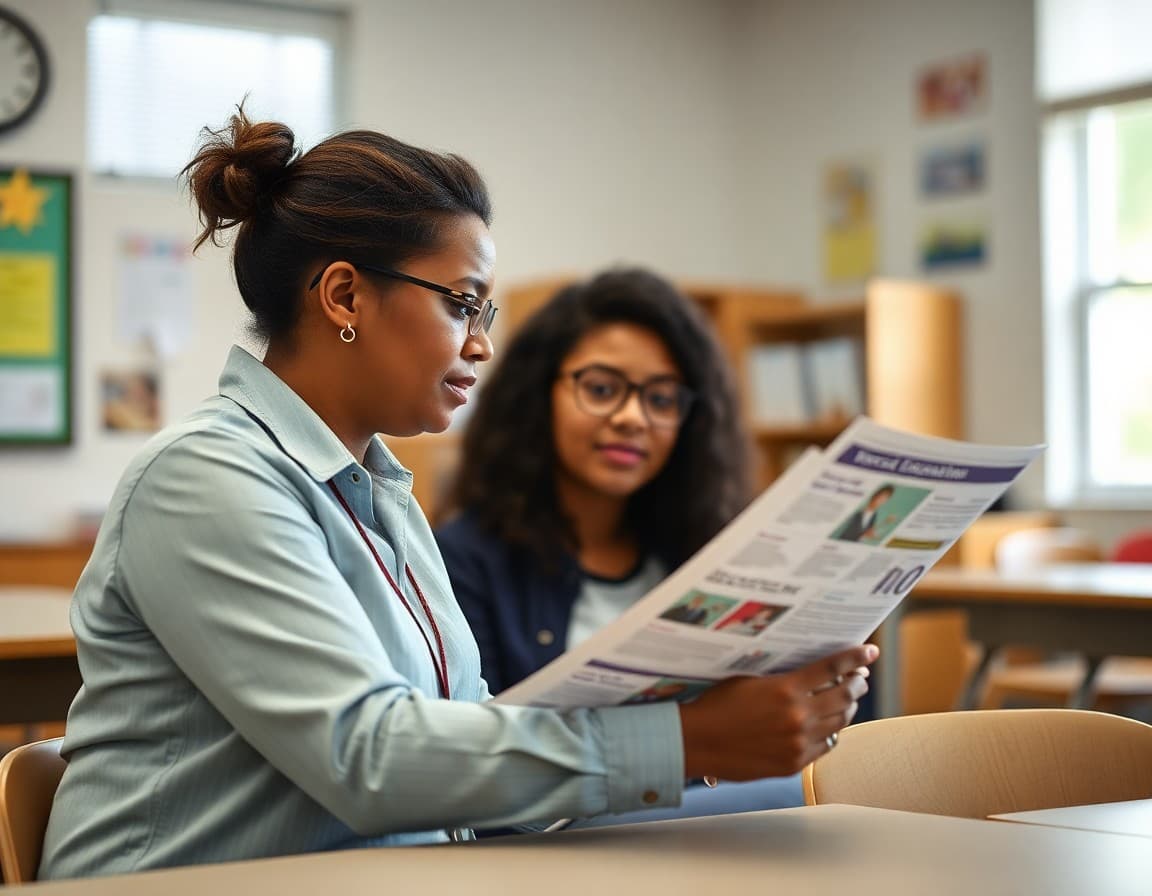 Louisiana special education teacher reviewing newsletter with parent in school meeting room