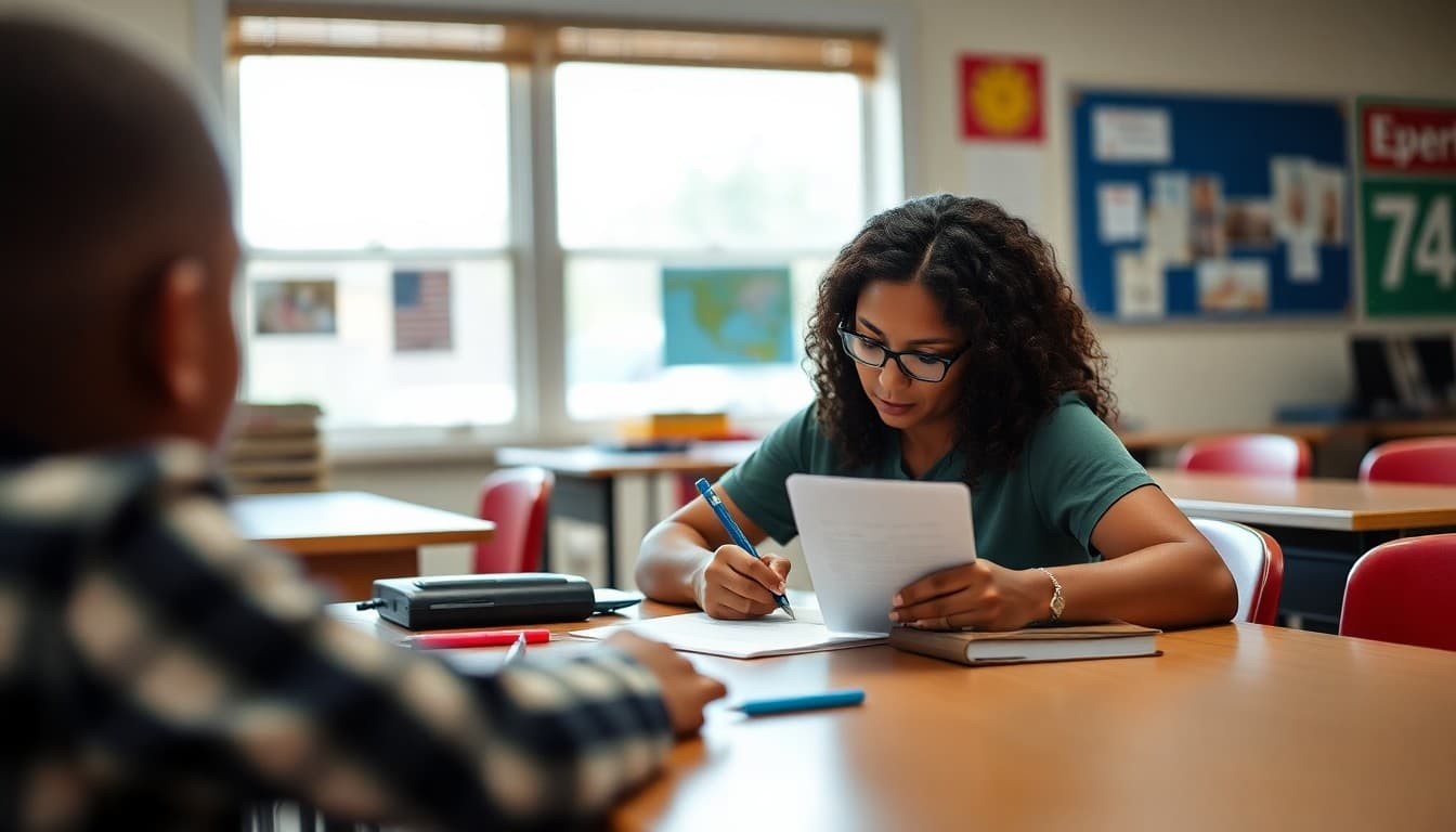 Louisiana special education teacher writing IEP family newsletter at school desk in Southern district