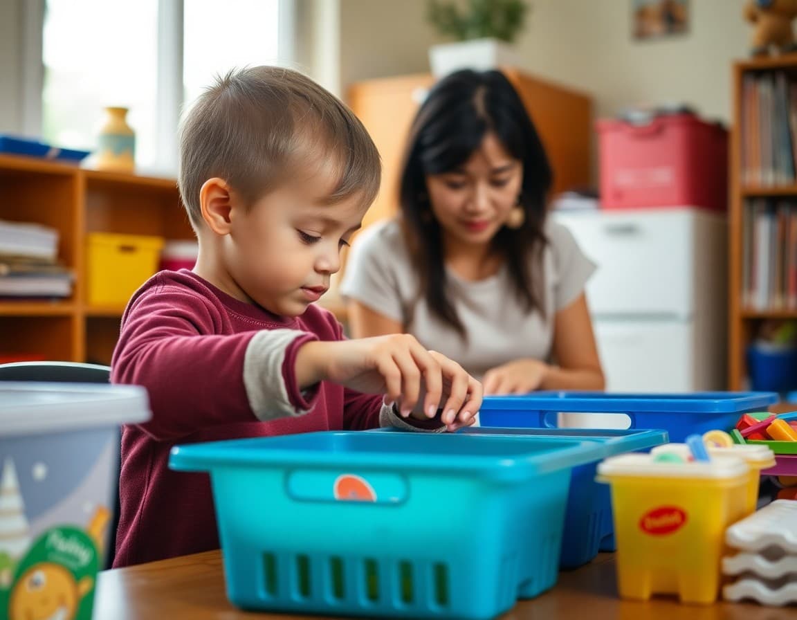 Student practicing sorting and organizing skills at home with parent guidance as part of a life skills program
