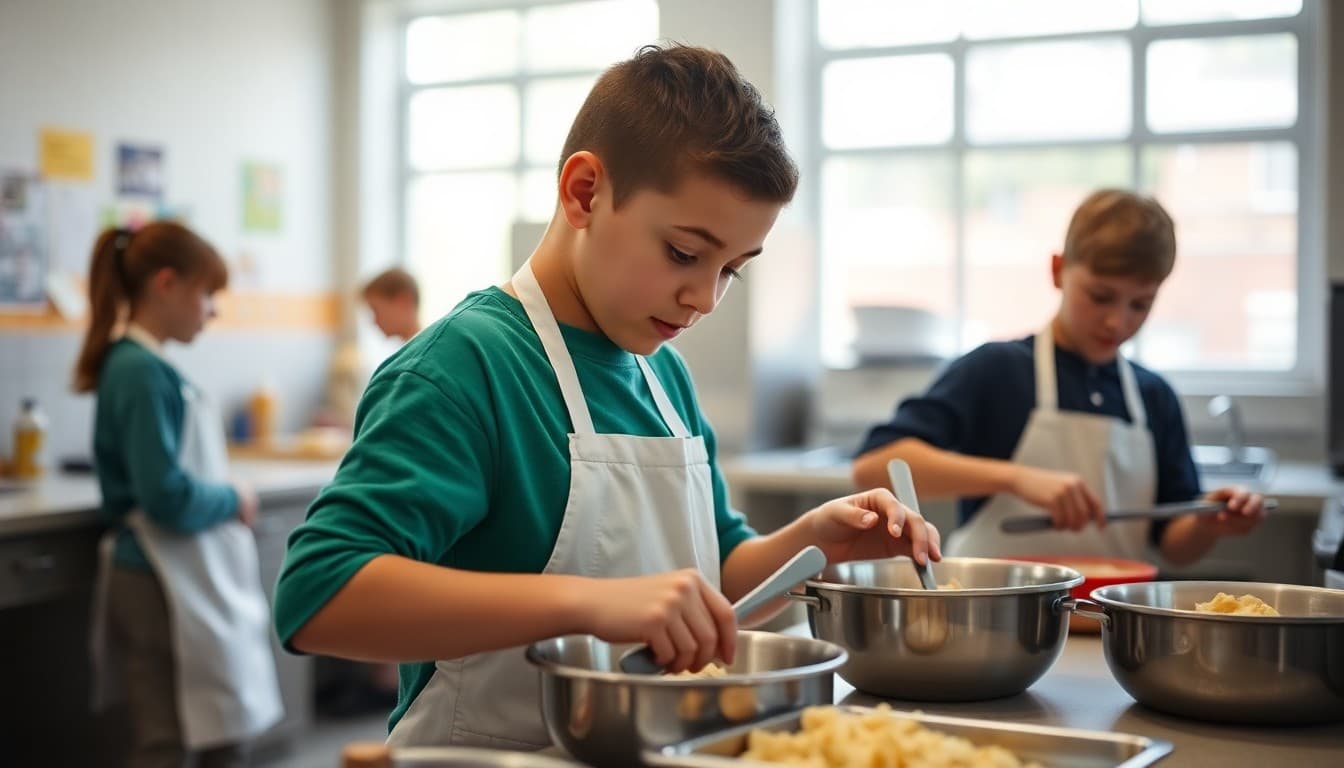 Life skills classroom with students practicing cooking and daily living tasks in a school kitchen