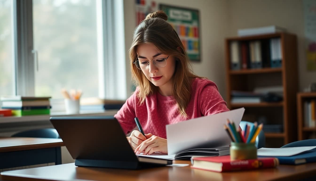Special education teacher in Massachusetts writing IEP family newsletter at her desk