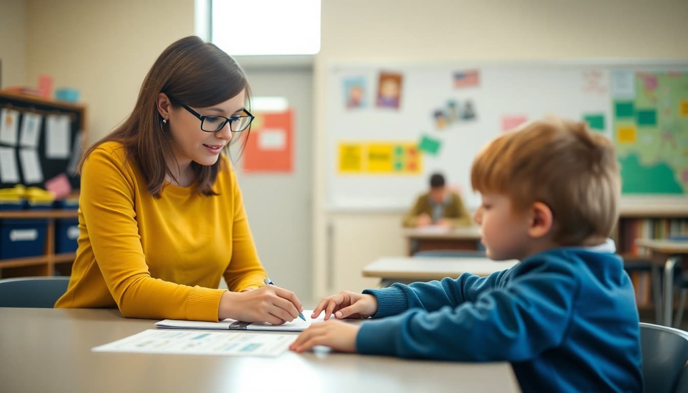 Special education teacher helping a student review test accommodations with visual supports on a table