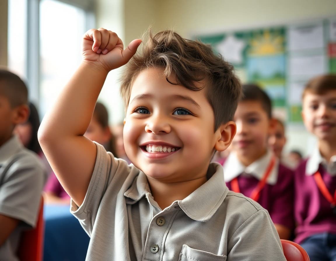 Student with disability celebrating achievement at a school end-of-year ceremony