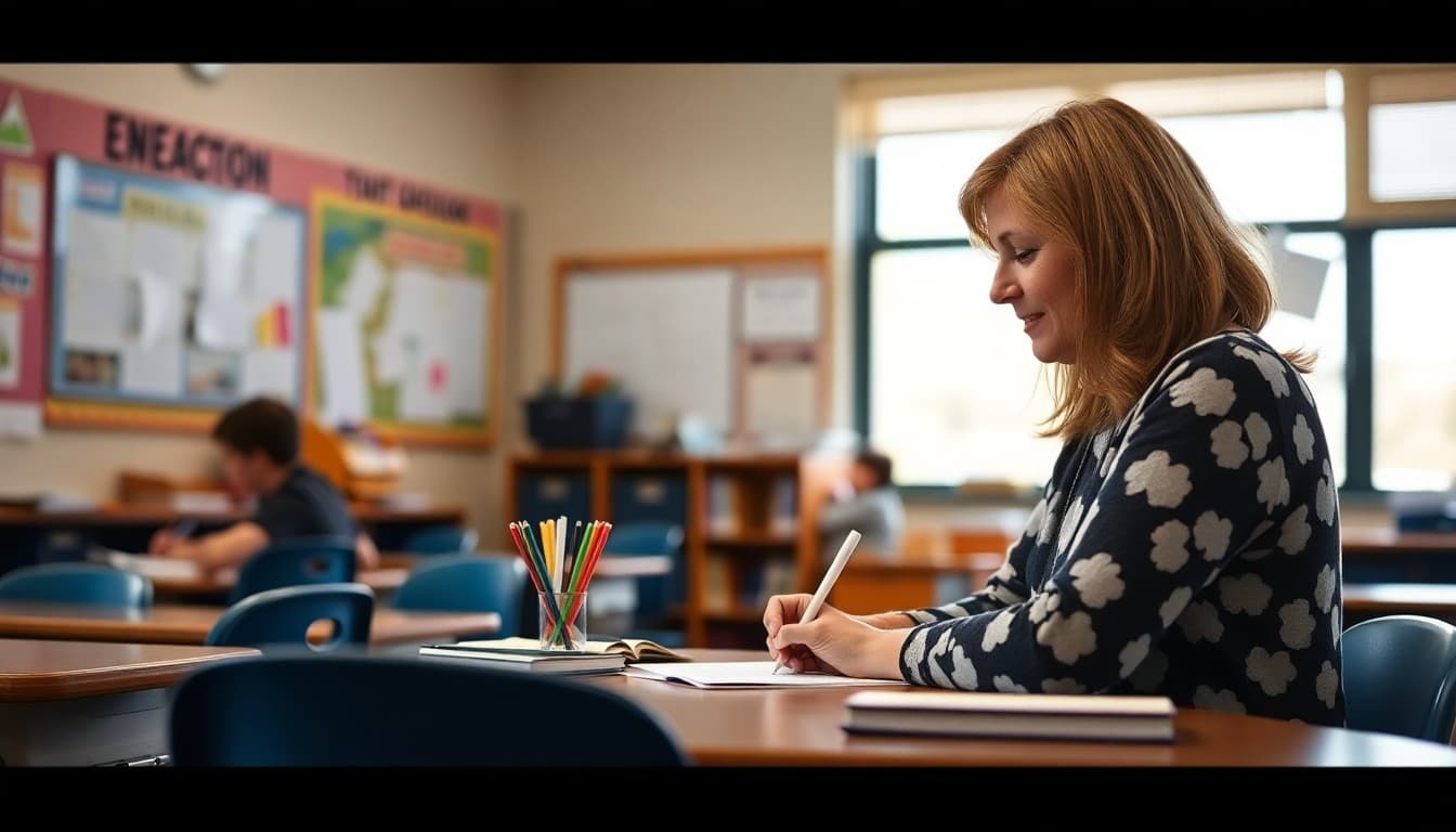 Special education teacher in Maryland writing IEP family newsletter at her classroom desk