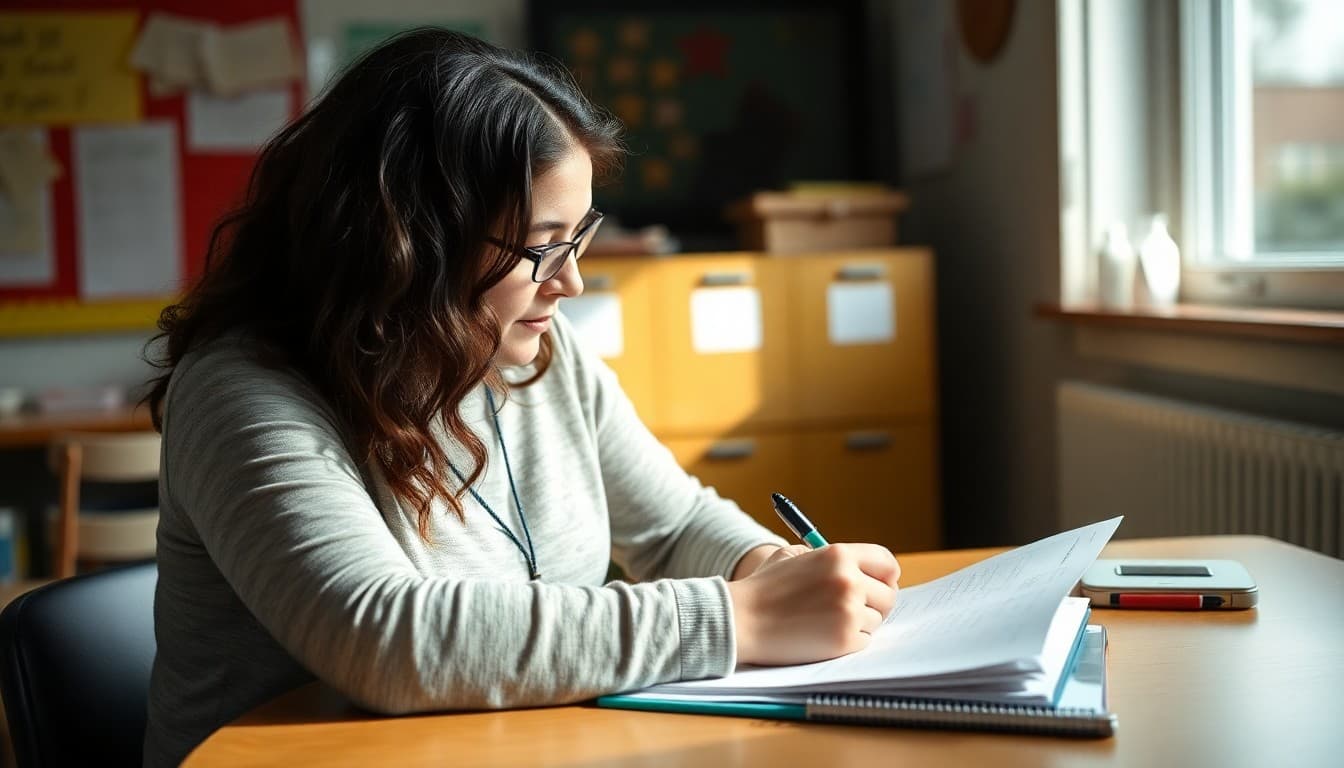 Special education teacher in Maine writing IEP family newsletter at her desk