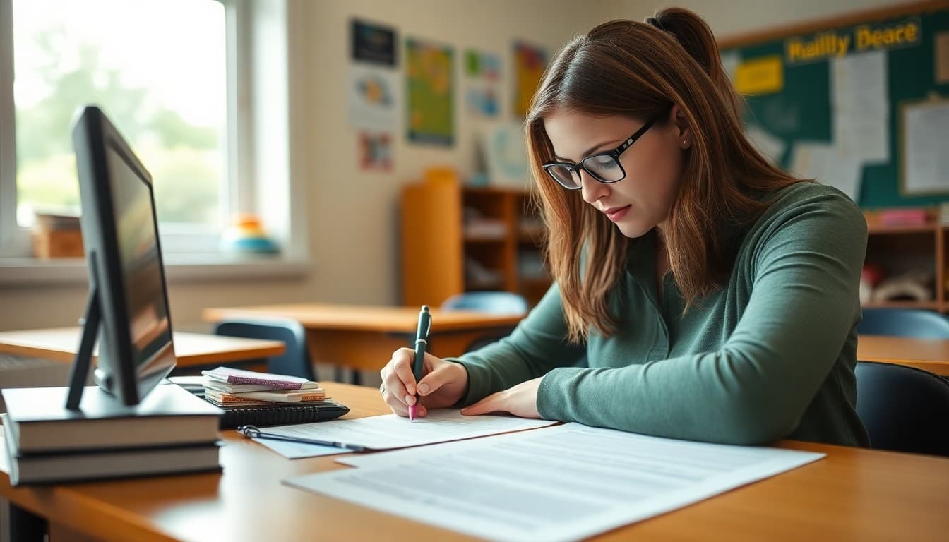 Special education teacher in Michigan writing IEP family newsletter at classroom desk