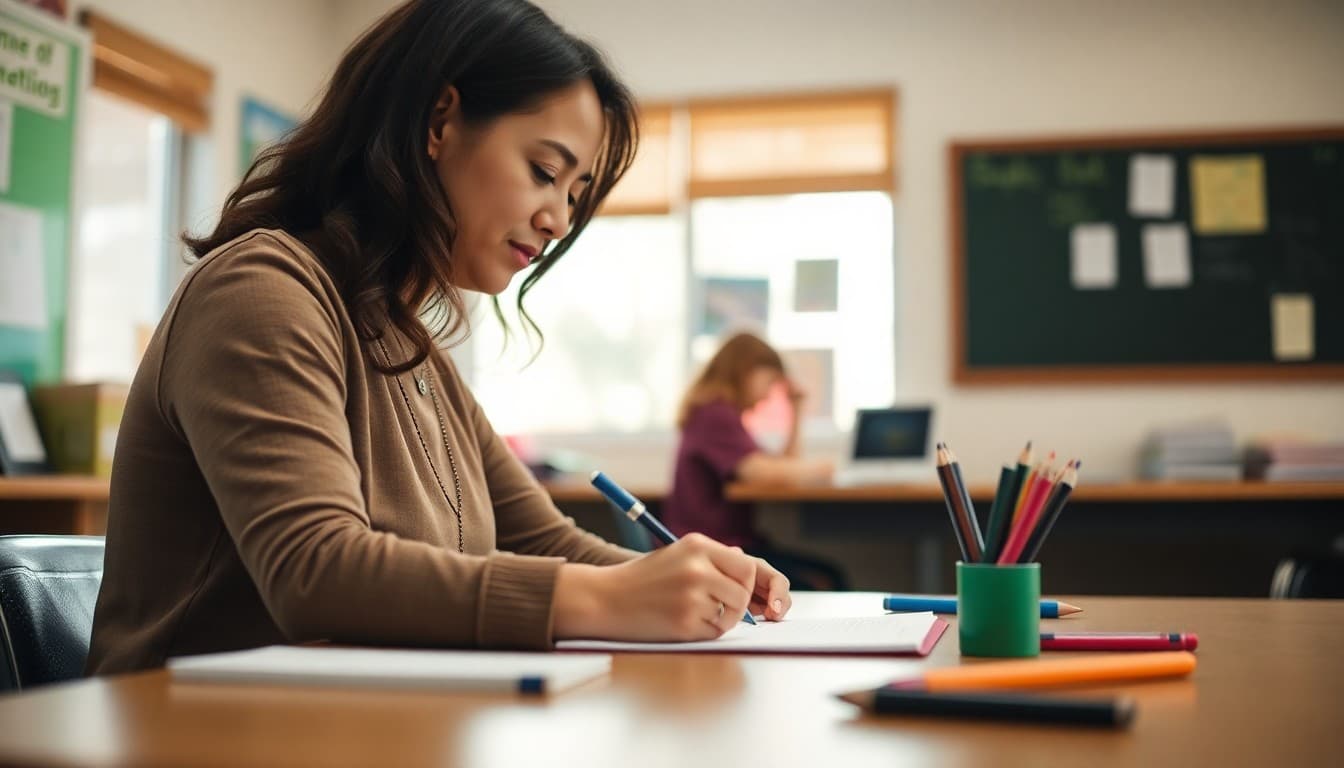 Special education teacher in Minnesota writing IEP family newsletter at her desk