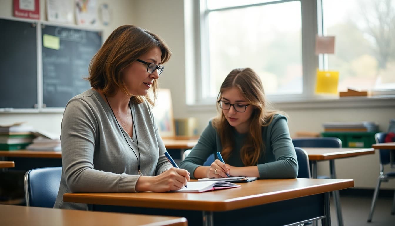 Special education teacher in Missouri writing IEP family newsletter at classroom desk