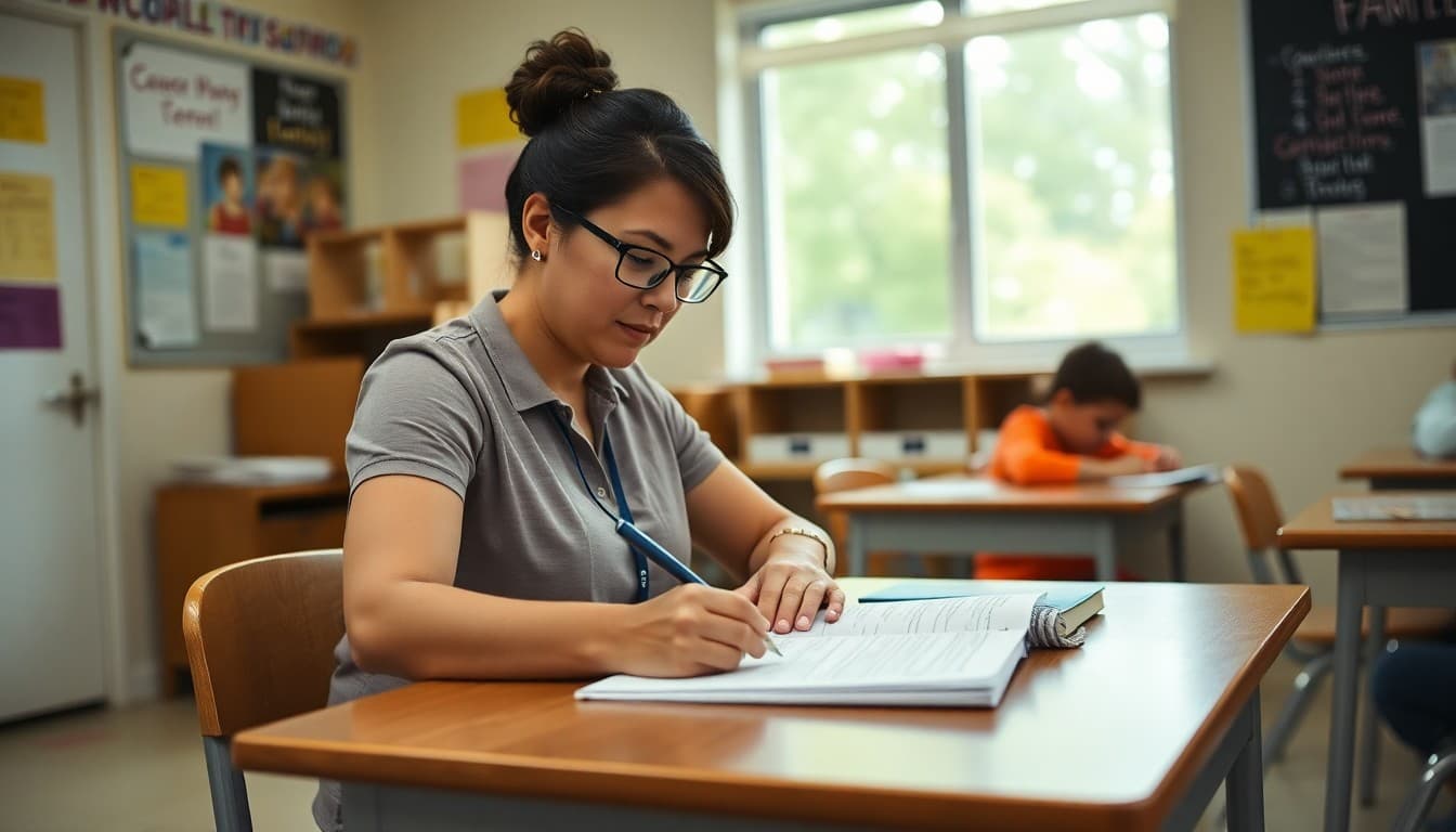 Special education teacher in Mississippi writing IEP family newsletter at classroom desk
