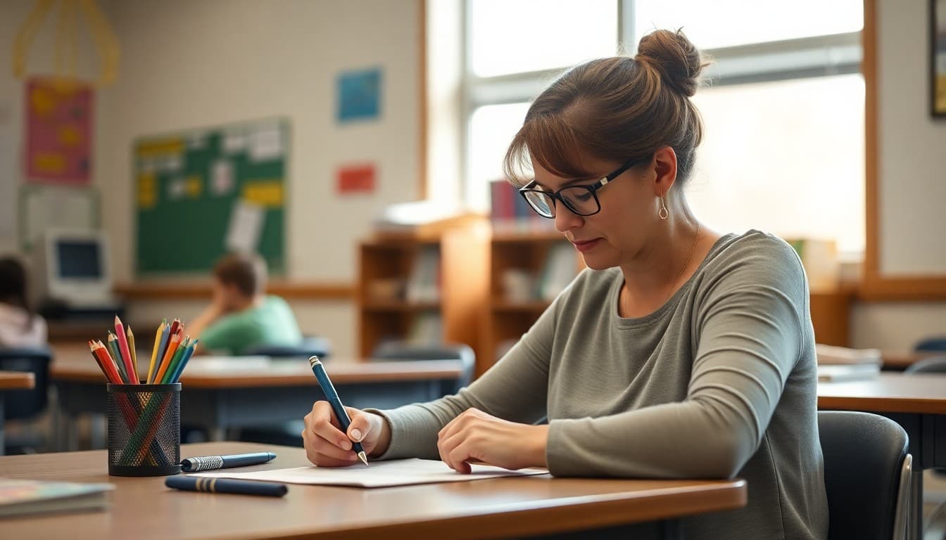 Special education teacher in Montana writing IEP family newsletter at classroom desk