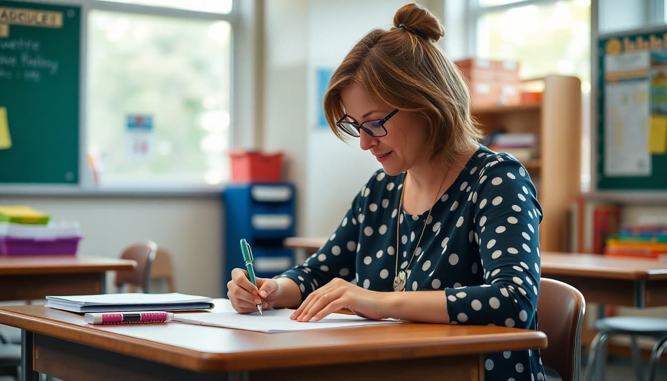 Special education teacher in North Carolina writing a family newsletter at her classroom desk
